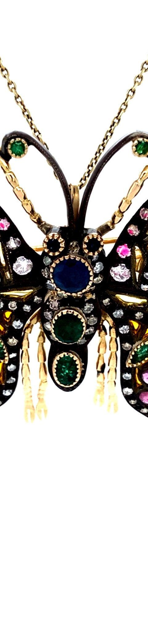 Vintage 14K Gold Butterfly Pendant with Sapphire, Emerald, Ruby, Enamel and Diamond